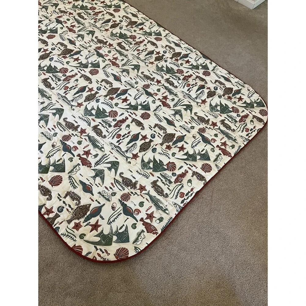 Handmade Coastal Nautical Quilt 66x106” Multipurpose Cover Sea Life Fish Seahors